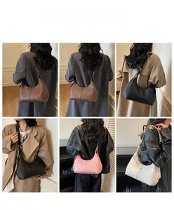 Multiple styles of solid color hobo underarm bags styled with fashion outfits