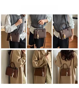 Collage of a brown square handbag with vertical texture and colorful bead charm