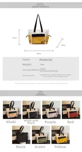 Size chart and color selection for large canvas tote bag showing seven colors and dimensions