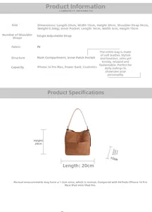 Guide des tailles du sac seau en PU montrant les dimensions 20x10x20cm et la bandoulière