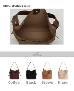 Détails de l'intérieur du sac seau en daim et présentation des quatre coloris disponibles