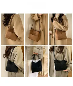 Vues détaillées du sac seau en daim vintage avec bandoulière réglable et poche frontale