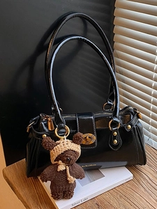 Vintage Glossy PU Leather Shoulder Bag For Women Large Capacity Tote Bag With Cute Bear Pendant Fashion Handbag For Daily Commuting