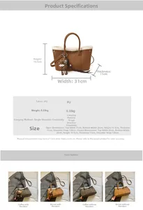 Detail showing adjustable strap and plush trim on brown PU leather crossbody bag