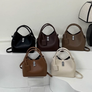 Litchi pattern leather bucket bag set with top handles and silver lock in multiple colors