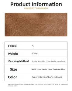 Detailed size chart and brown lychee grain PU leather texture for large tote bag