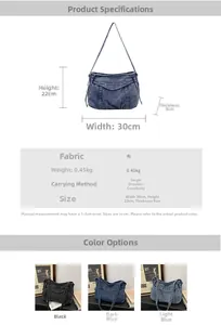 Detailed size chart and specifications for the vintage washed denim crossbody tote bag