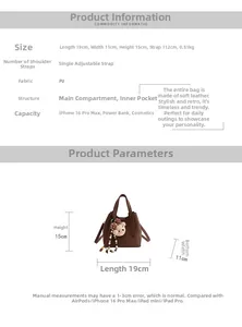 Brown bucket bag details showing 19x11x15cm size and internal PU storage pockets