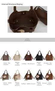 Litchi pattern bucket bag featuring a matching inner pouch and luxury bear charm detail