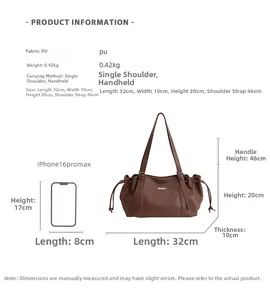 Detailed view of the brown PU leather tote bag dimensions with iPhone scale reference