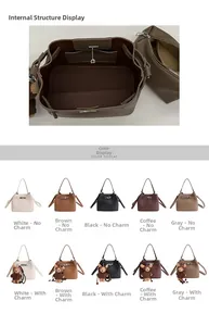 Detail view of lychee pattern bucket bag interior with removable pouch and color options