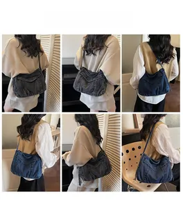 Vues multiples d'un sac bandoulière vintage en jean porté par un mannequin