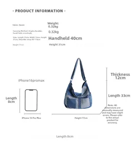 Size comparison of retro patchwork denim tote bag with iPhone 16 Pro Max on white background