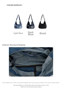 Detail view of denim tote bag showing spacious internal structure and zipper pockets