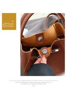 Dettaglio della chiusura magnetica su una borsa a secchiello in pelle marrone