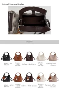 Internal view of lychee leather bucket bag showing striped lining and color options