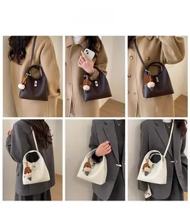 Detailed views of leather bucket bag with metal clasp and plush accessory in various colors