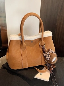 Women Faux Shearling Suede Bucket Bag Vintage Shoulder Handbag With Plush Monster Charm For Winter Casual Styling