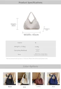 Detailed size specifications for a quilted padded tote bag with dimensions and 4 colors