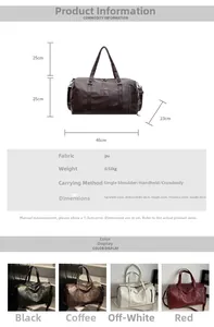 Guide des tailles du sac de voyage en PU avec dimensions 46x25x23cm et modes de transport