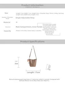 Dettagli borsa a secchiello in pelle PU marrone con misure 17x11x22cm e tracolla
