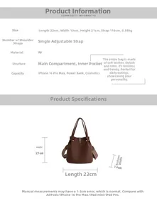 Detailed view of brown lychee-textured bucket bag with 22x13x21cm size dimensions