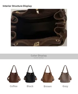 Detail view of large bucket bag interior structure and four available color options