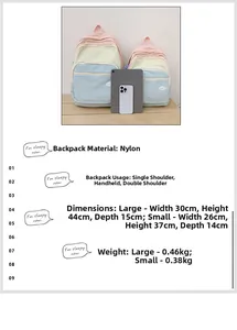 Size chart for macaron nylon backpacks showing dimensions for large and small versions