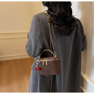 Detail of dark brown lattice mini box bag with gold metal handle and cherry charm