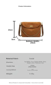 Detaillierte Größenangaben für braune Wildleder-Stepptasche mit verstellbarem Gurt