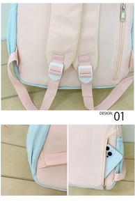 Detail of pink backpack featuring padded straps and hidden anti-theft back zipper pocket