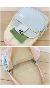 Detail view of macaron colorblock backpack with multi-compartment storage and inner lining