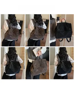 Multi-angle views of large corduroy backpack showing dual shoulder and handbag styles