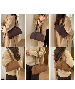 Detail shots of minimalist retro suede bowling bags in dark coffee and camel brown