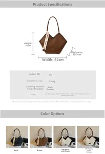 Detailed size chart and multi-color display of large PU leather tote bag with V-cut design