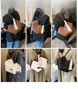 Collage of chic tote bags in brown, white and black with silk scarves and gold plaques
