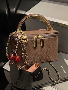 Women Fashion Woven PU Leather Box Bag Vintage Vanity Case With Metal Handle Chain Strap And Removable Cherry Charm Small Shoulder Crossbody Bag