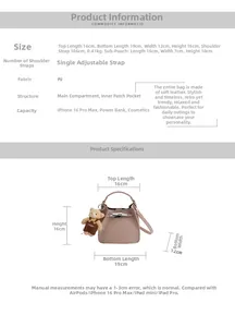 Size chart for the luxury bucket bag detailing dimensions, PU leather, and capacity