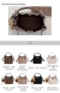 Litchi pattern bucket bag internal structure and four color display with charms