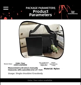 Detailed parameter chart for black nylon messenger bag with green dinosaur plush keychain