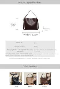 Detailed size chart and parameter specifications for retro PU leather bucket handbag