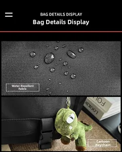 Water-resistant black fabric detail with cute green dinosaur plush charm on shoulder bag
