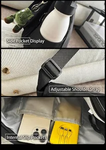 Detailed view of adjustable strap, side pocket, and interior slots of a black crossbody bag