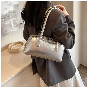 Silver metallic Boston bag with wrinkled texture and SHIYUBAG branding details