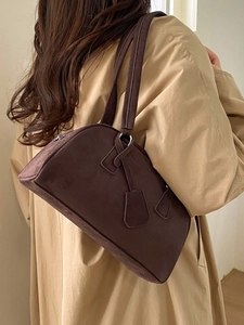 Vintage brown suede Boston bag for women, large capacity shoulder bag for autumn commute