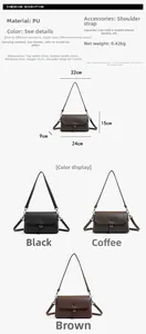 Detailed sizing chart and material specs for the high-capacity PU leather crossbody bag