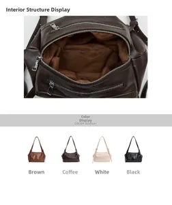 Detail view of large shoulder bag featuring multi-zipper pockets and four color options