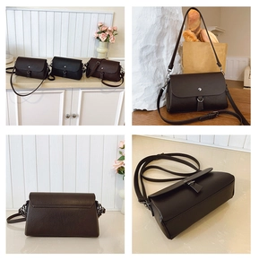 Detailed views of crossbody bags with metal ring buckle in brown and black leather