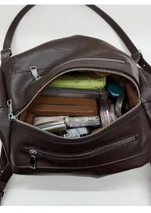 Detail view showing internal compartments of the dark brown PU leather tote bag organizer