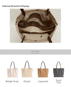 Detail of spacious tote bag interior and four elegant color options available for choice